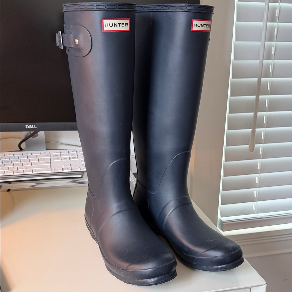 Hunter Matte Navy Tall Rain Boots with Logo
